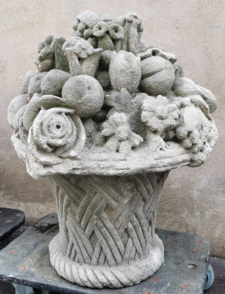 Pair of baskets full of fruits and flowers in sculpted stone, end of the 19th century-3