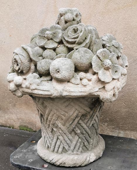 Pair of baskets full of fruits and flowers in sculpted stone, end of the 19th century-4