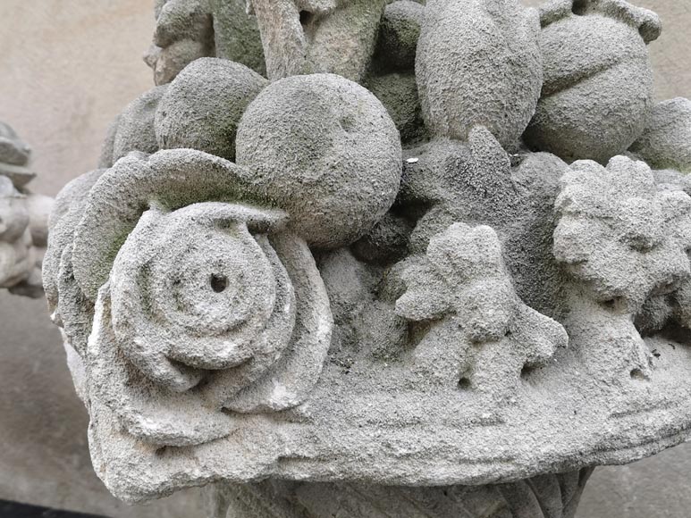 Pair of baskets full of fruits and flowers in sculpted stone, end of the 19th century-6