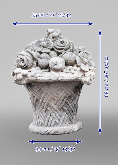 Pair of baskets full of fruits and flowers in sculpted stone, end of the 19th century-10