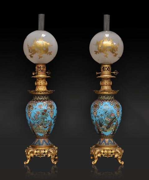 Ferdinand BARBEDIENNE (1810 – 1892) (Attrib.) Pair of cloisonne enameled Chinese lamps-0