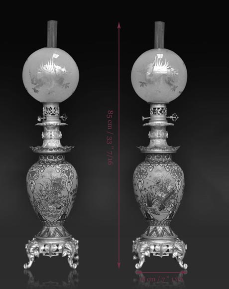 Ferdinand BARBEDIENNE (1810 – 1892) (Attrib.) Pair of cloisonne enameled Chinese lamps-7