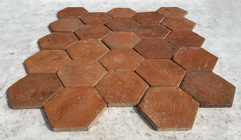 Lot of 8.5 m² of antique hexagonal terracotta tiles from the Tuileries de Perrusson, Charente, end of the 19th century-1