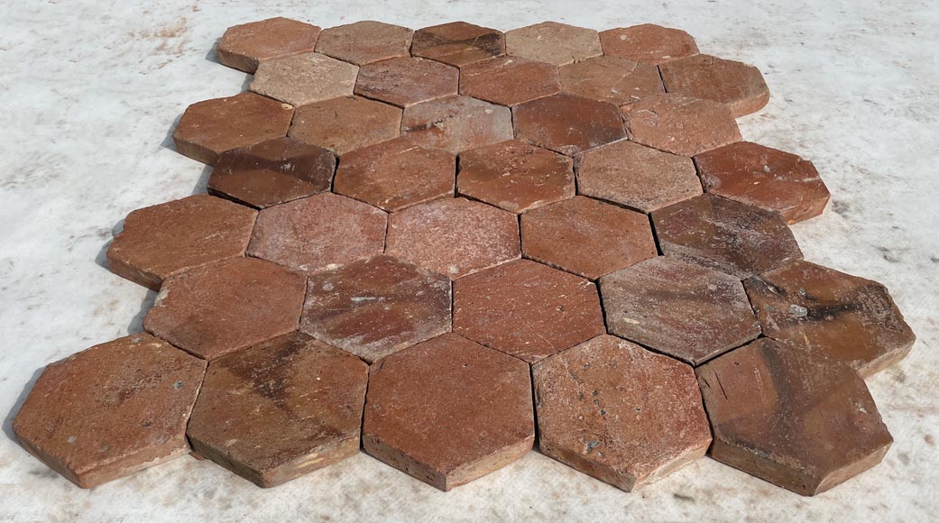 Lot of 6 m² of antique hexagonal terracotta tiles, 19th century-1