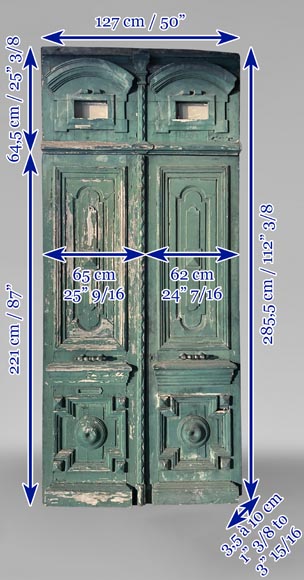  Large double door in wood painted in green and pediment, 20th century-12
