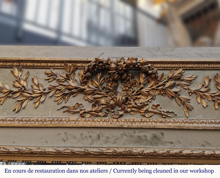 Louis XVI period gilt wood overmantel with a double crown of flowers and olive tree branches-1