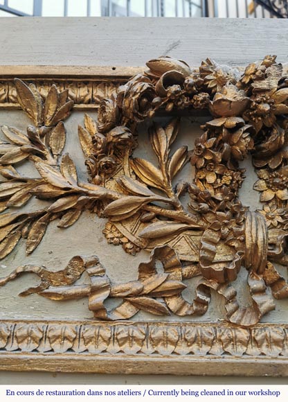 Louis XVI period gilt wood overmantel with a double crown of flowers and olive tree branches-3