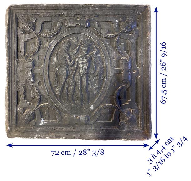 Cast iron fireback from the Renaissance period adorned with a medallion-6