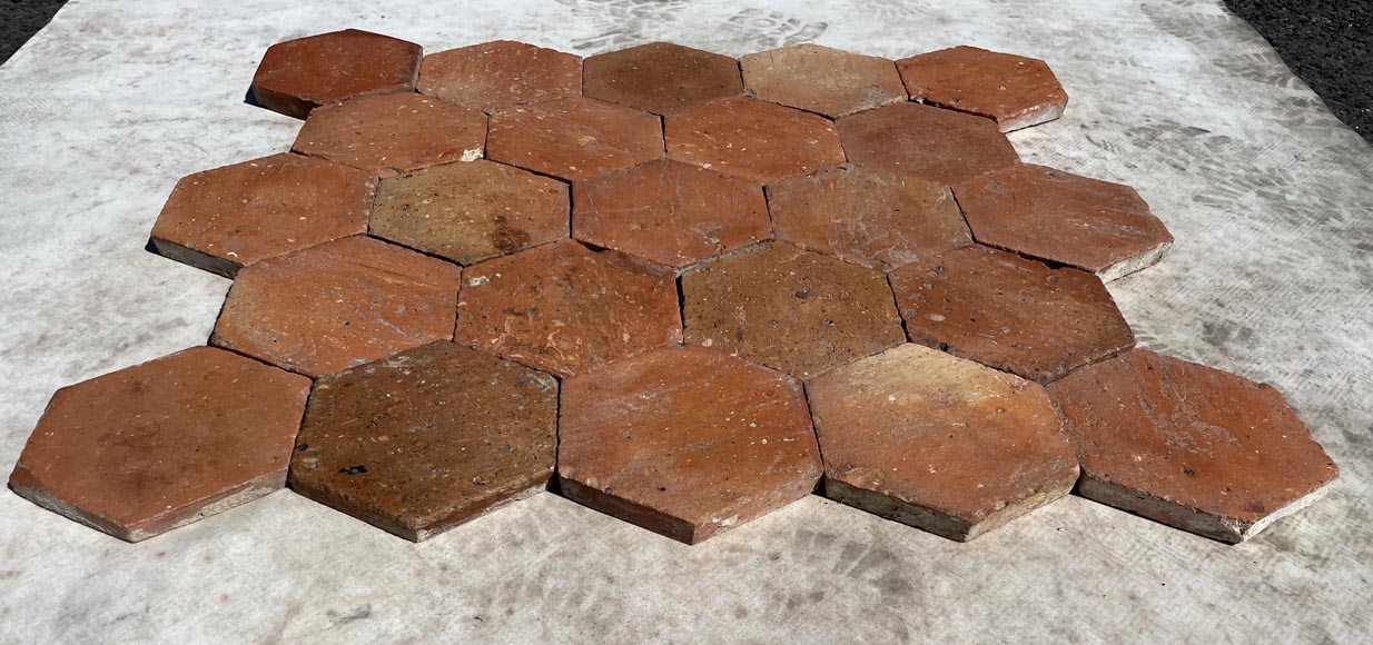 Lot of 9.5 m² of antique hexagonal terracotta tiles, 19th century-1