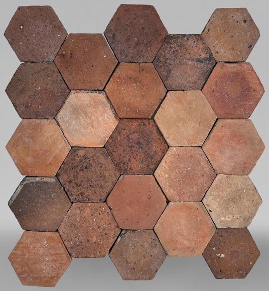 Lot of 6.4 m² of antique hexagonal terracotta tiles, 19th century-0