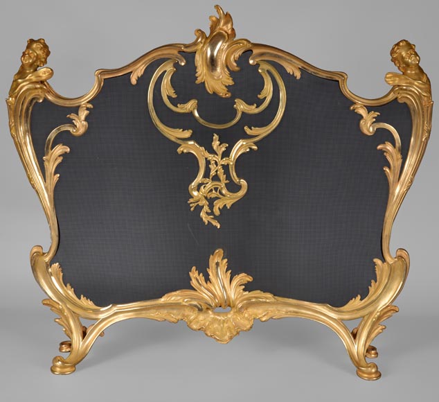 BOUHON Frères (attr. to), Gilt bronze firescreen adorned with espagnolettes, late 19th century-0