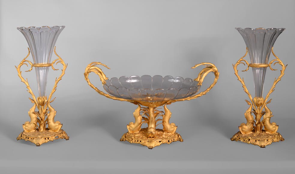 CRISTALLERIE DE CLICHY (attribuée à), Three-pieces crystal and gilt bronze garniture, second half of the 19th century-0