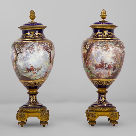 Pair of Sèvres porcelain vases mounted in gilt bronze and painted by J. Machereau, circa 1870-0