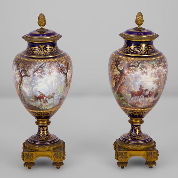 Pair of Sèvres porcelain vases mounted in gilt bronze and painted by J. Machereau, circa 1870-1