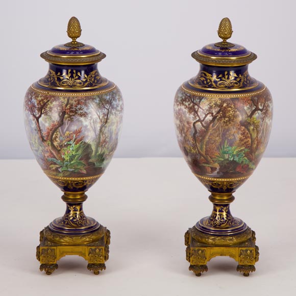 Pair of Sèvres porcelain vases mounted in gilt bronze and painted by J. Machereau, circa 1870-3