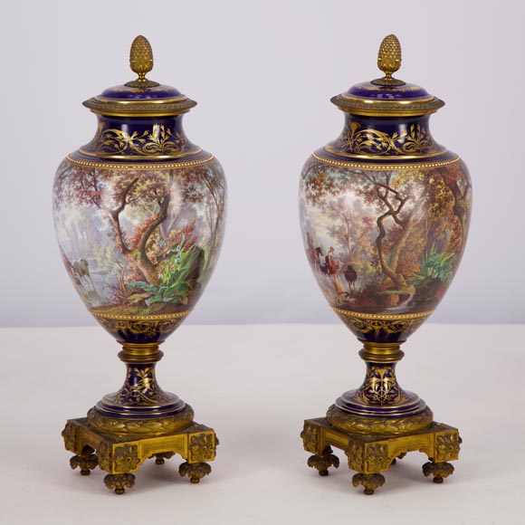 Pair of Sèvres porcelain vases mounted in gilt bronze and painted by J. Machereau, circa 1870-4