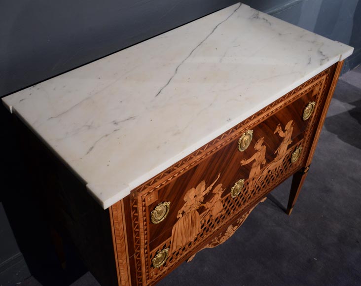 Giuseppe MAGGIOLINI (1738 – 1814)(circle of), Remarkable pair of Neoclassical commodes with marquetry decoration depicting a “Departure for the hunt” and a “ Return from the hunt” beginning of the 19th century-2