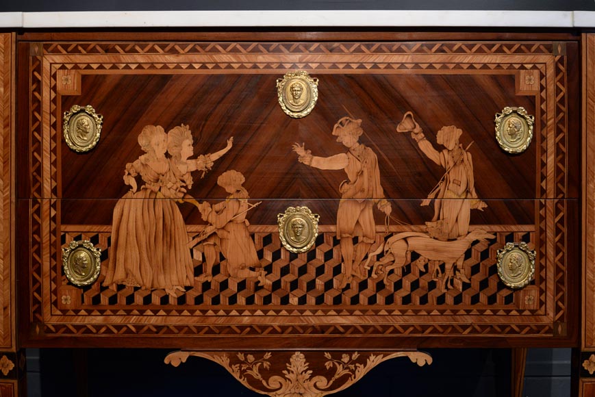 Giuseppe MAGGIOLINI (1738 – 1814)(circle of), Remarkable pair of Neoclassical commodes with marquetry decoration depicting a “Departure for the hunt” and a “ Return from the hunt” beginning of the 19th century-4