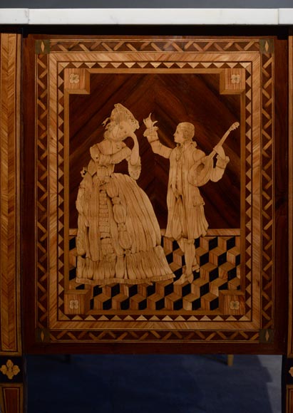 Giuseppe MAGGIOLINI (1738 – 1814)(circle of), Remarkable pair of Neoclassical commodes with marquetry decoration depicting a “Departure for the hunt” and a “ Return from the hunt” beginning of the 19th century-5