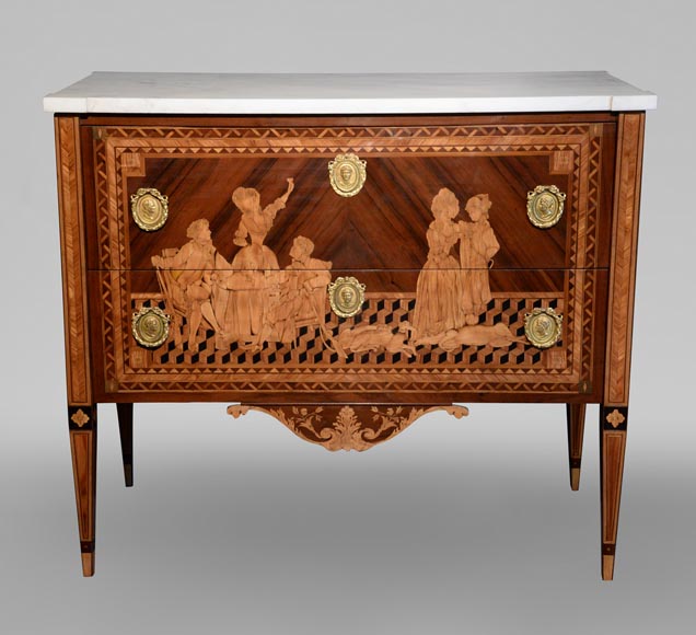 Giuseppe MAGGIOLINI (1738 – 1814)(circle of), Remarkable pair of Neoclassical commodes with marquetry decoration depicting a “Departure for the hunt” and a “ Return from the hunt” beginning of the 19th century-7
