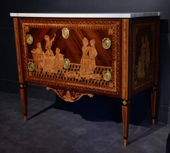 Giuseppe MAGGIOLINI (1738 – 1814)(circle of), Remarkable pair of Neoclassical commodes with marquetry decoration depicting a “Departure for the hunt” and a “ Return from the hunt” beginning of the 19th century-9