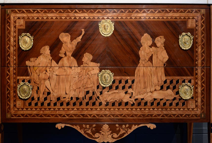 Giuseppe MAGGIOLINI (1738 – 1814)(circle of), Remarkable pair of Neoclassical commodes with marquetry decoration depicting a “Departure for the hunt” and a “ Return from the hunt” beginning of the 19th century-10