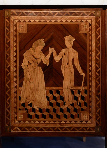Giuseppe MAGGIOLINI (1738 – 1814)(circle of), Remarkable pair of Neoclassical commodes with marquetry decoration depicting a “Departure for the hunt” and a “ Return from the hunt” beginning of the 19th century-11