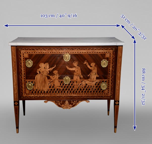 Giuseppe MAGGIOLINI (1738 – 1814)(circle of), Remarkable pair of Neoclassical commodes with marquetry decoration depicting a “Departure for the hunt” and a “ Return from the hunt” beginning of the 19th century-17
