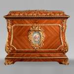 Exceptional Napoleon III chest in mahogany and rosewood inlay, gilt bronze and Sèvre porcelaine slabs. 