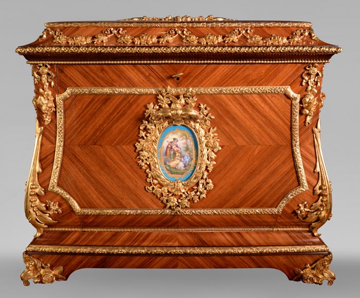 Exceptional Napoleon III chest in mahogany and rosewood inlay, gilt bronze and Sèvre porcelaine slabs. -0