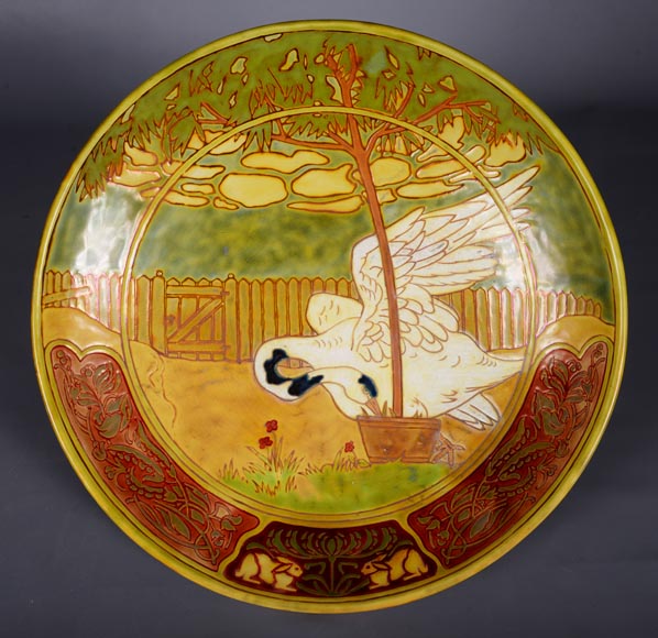 VILMOS ZSOLNAY (attributed to), Earthenware plate with a swan decoration, late 19th century-0