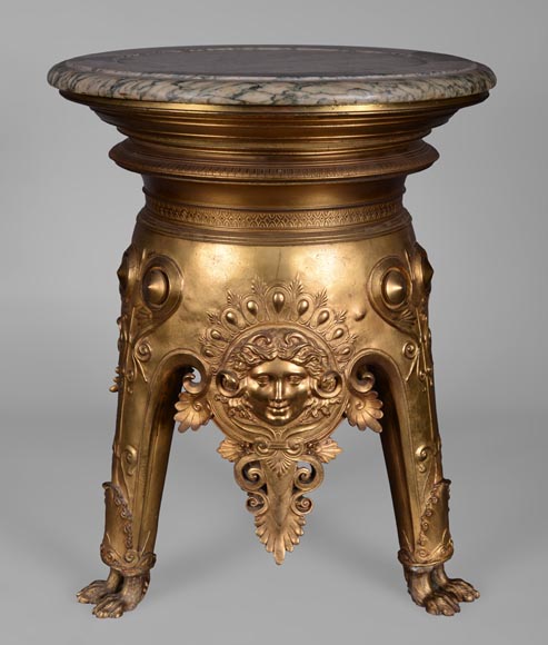 Constant Sevin (attr.to), Outstanding column in gilt bronze with mascaron decoration and Vert d'Estour marble slab, second half of the 19th century-0