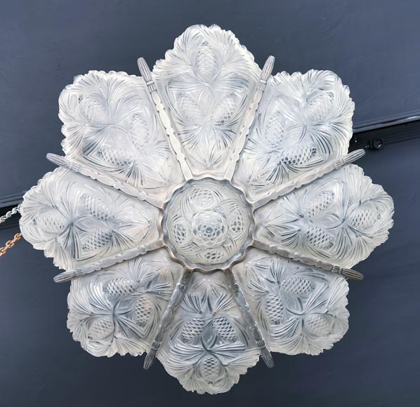Marius SABINO (from), Art Deco pressed-moulded glass ceiling light with pine cones-1