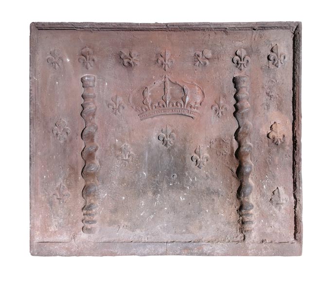 Large cast iron fireback adorned with a crown and fleur-de-lis-0