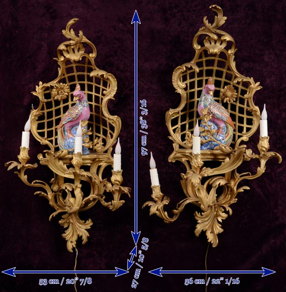 Manufacture Samson for L'Escalier de Cristal, Series of four Louis XVI style wall lights with parrots, after 1885-9