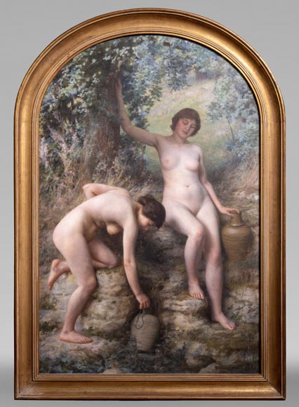 Jules LARCHER - Nymphs at the fountain, oil on canvas-0