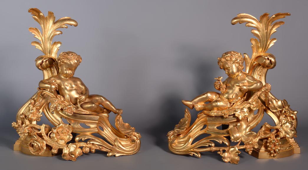Paire of Napoleon III andirons in gilt bronze depicting Venus and Bacchus as children-0