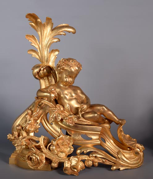 Paire of Napoleon III andirons in gilt bronze depicting Venus and Bacchus as children-1