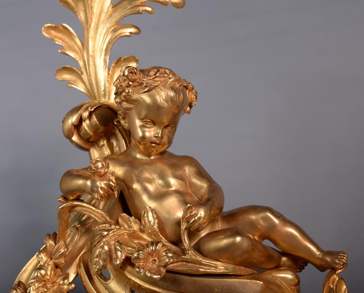 Paire of Napoleon III andirons in gilt bronze depicting Venus and Bacchus as children-2