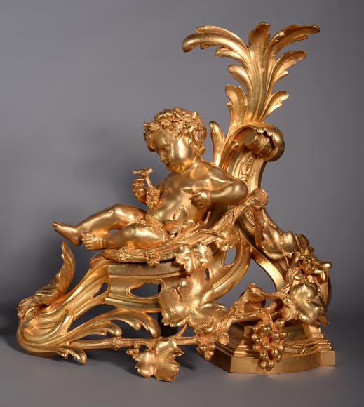 Paire of Napoleon III andirons in gilt bronze depicting Venus and Bacchus as children-3