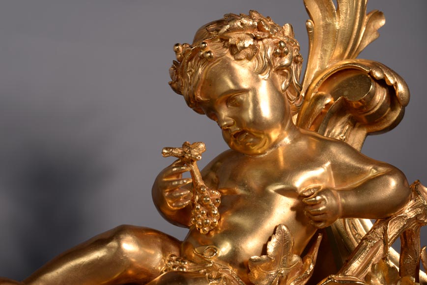 Paire of Napoleon III andirons in gilt bronze depicting Venus and Bacchus as children-4