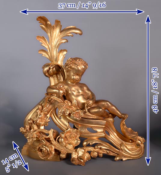 Paire of Napoleon III andirons in gilt bronze depicting Venus and Bacchus as children-9