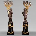 Auguste-Louis Marquis (bronze maker) for the Maison GIROUX, Pair of torchères with 9 lights in gilded, silvered and burnished bronze, circa 1855