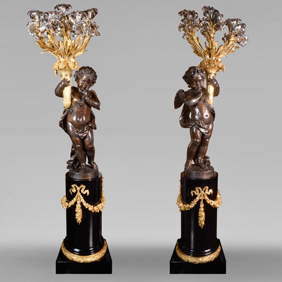 Auguste-Louis Marquis (bronze maker) for the Maison GIROUX, Pair of torchères with 9 lights in gilded, silvered and burnished bronze, circa 1855-0