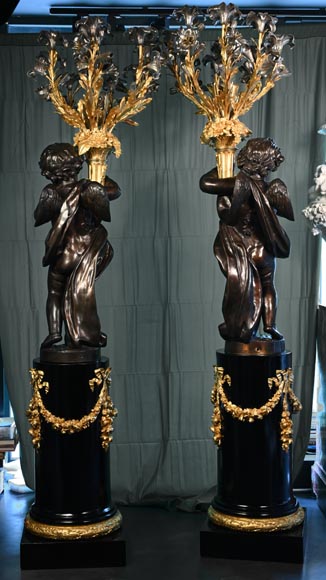 Auguste-Louis Marquis (bronze maker) for the Maison GIROUX, Pair of torchères with 9 lights in gilded, silvered and burnished bronze, circa 1855-26