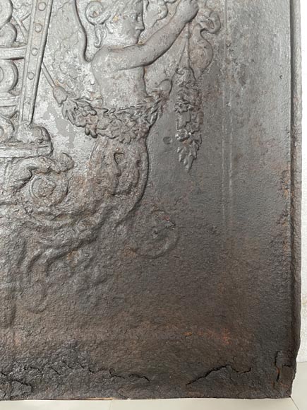Louis XVI style cast iron fireback with perfume burner and mermaid-6