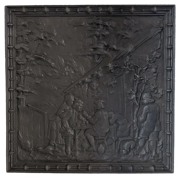 Cast iron fireback with village life scene-0