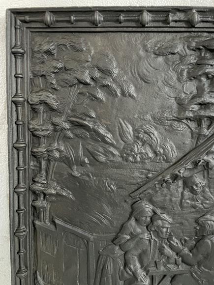 Cast iron fireback with village life scene-1