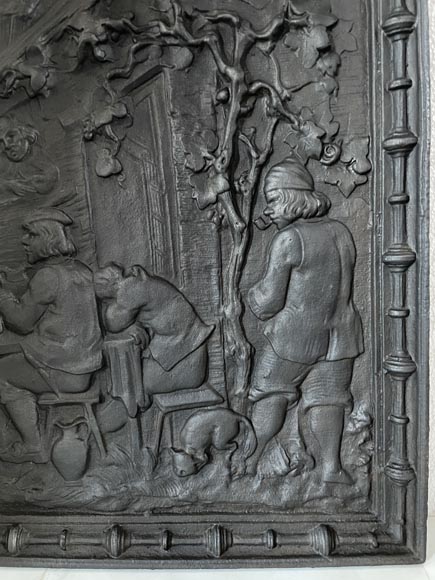 Cast iron fireback with village life scene-6