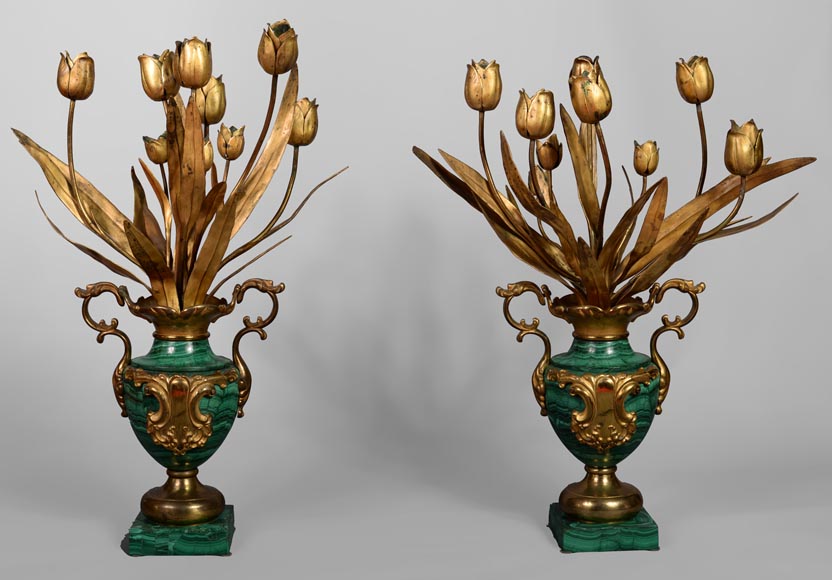 Pair of vases in malachite and gilt bronze, Russia, late 19th century-0